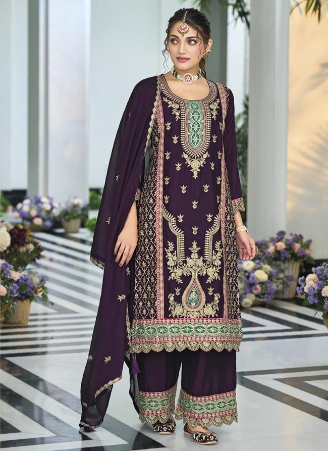 Chinnon Wine Eid Wear Embroidery Work Readymade Plazzo Suit